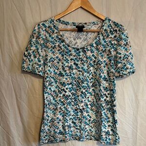 Ann Taylor Blue and Tan Mosaic Short Sleeve Top